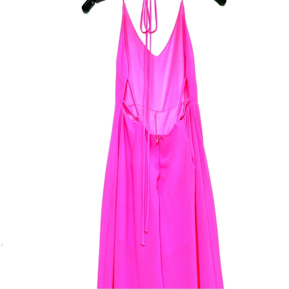 Lush Neon Pink Flowy Sheer Strappy Wide Leg Halter Jumpsuit - Picture 8 of 10